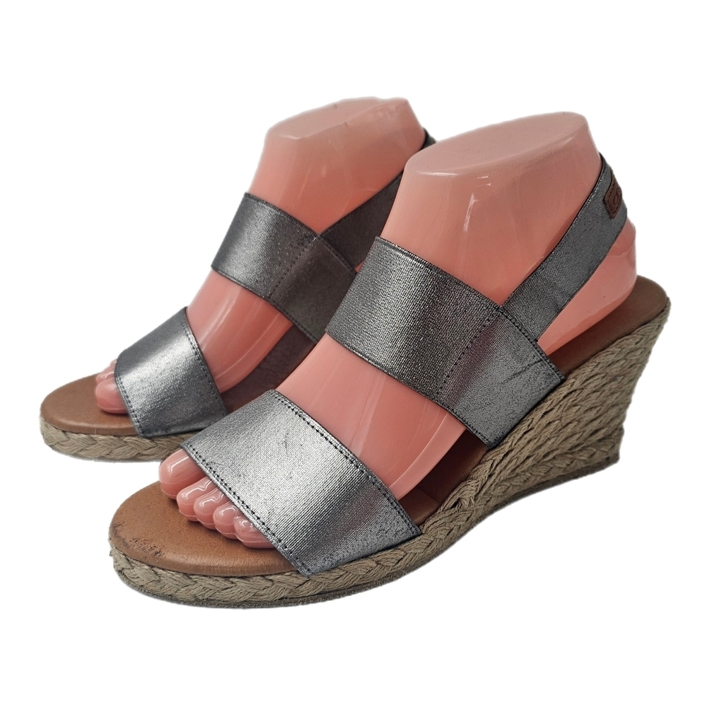Andre Assous Allison Metallic Silver Espadrille Wedge Sandals Sz EU39 SpainMade